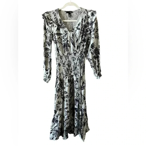 Aqua Women's Linen Blend Smocked Long Sleeve Midi Dress Flower Print Blue Sz XS - Picture 2 of 10